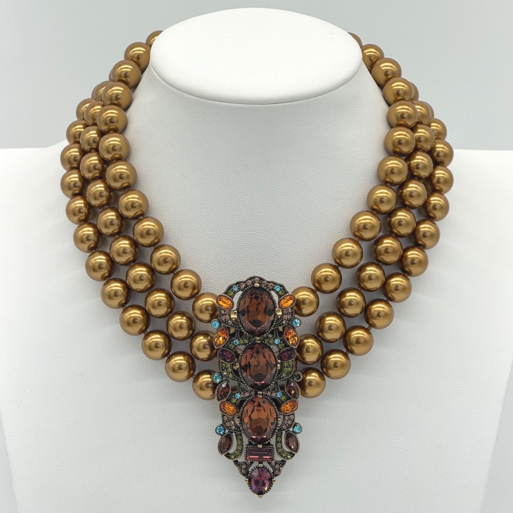 Heidi Daus Triple Strand‎ Gold Pearl Statement Necklace Rhinestone Pendant WOW